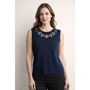 M Nicole XL Navy Embroidered Floral Sleeveless Knit Tank Top